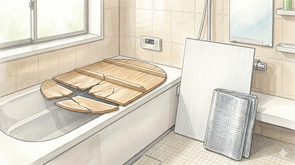 風呂ふたが割れて使えなくなった浴室と、プラダンやアルミ保温シートで応急対応している様子