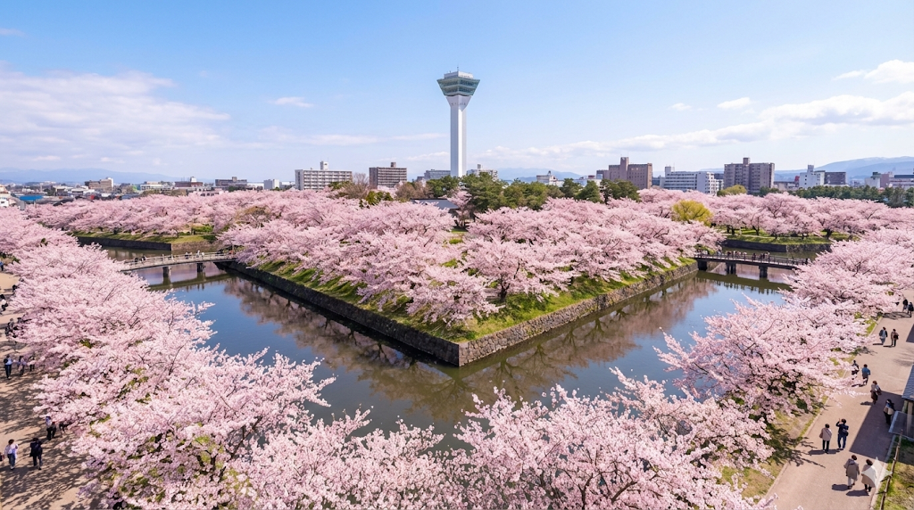 五稜郭公園の満開の桜と五稜郭タワー